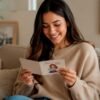 "Persona feliz leyendo una tarjeta de ánimo cristiana con mensaje bíblico basado en Salmo 139:23"