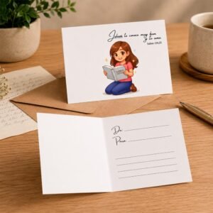 Persona feliz leyendo una tarjeta de ánimo cristiana con mensaje bíblico basado en Salmo 139:23